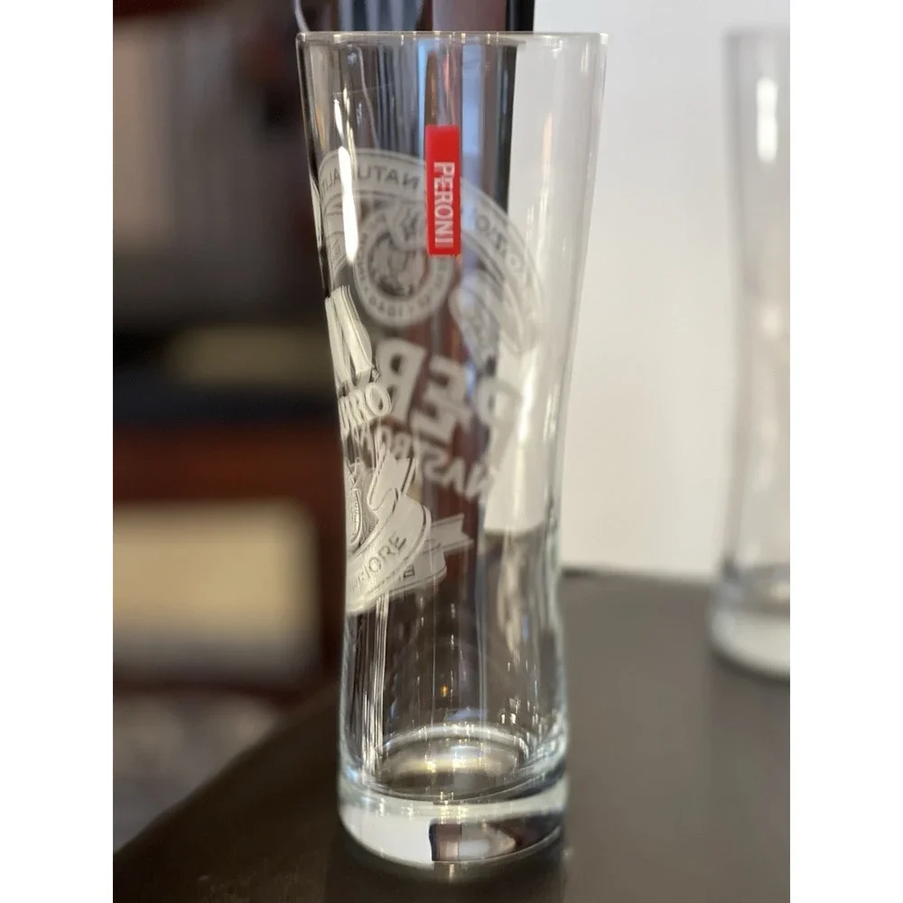 Peroni Nastro Azzurro Beer Glasses Set of 4 Tall Etched Pilsner Red Logo Tags